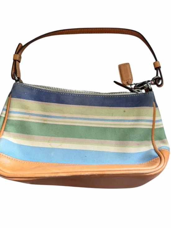 Coach Striped Canvas and Leather Wristlet in Blue, Green, Tan - Picture 2 of 7